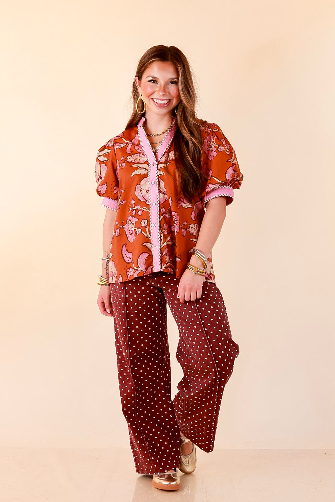 Pop of Polish Short Puff Sleeve Button Front Floral Top with Contrast Trim in Rust Orange and Pink