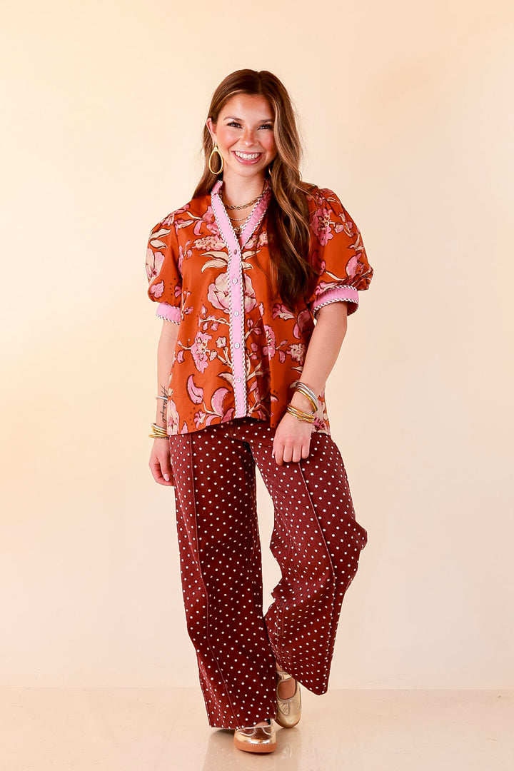 Pop of Polish Short Puff Sleeve Button Front Floral Top with Contrast Trim in Rust Orange and Pink