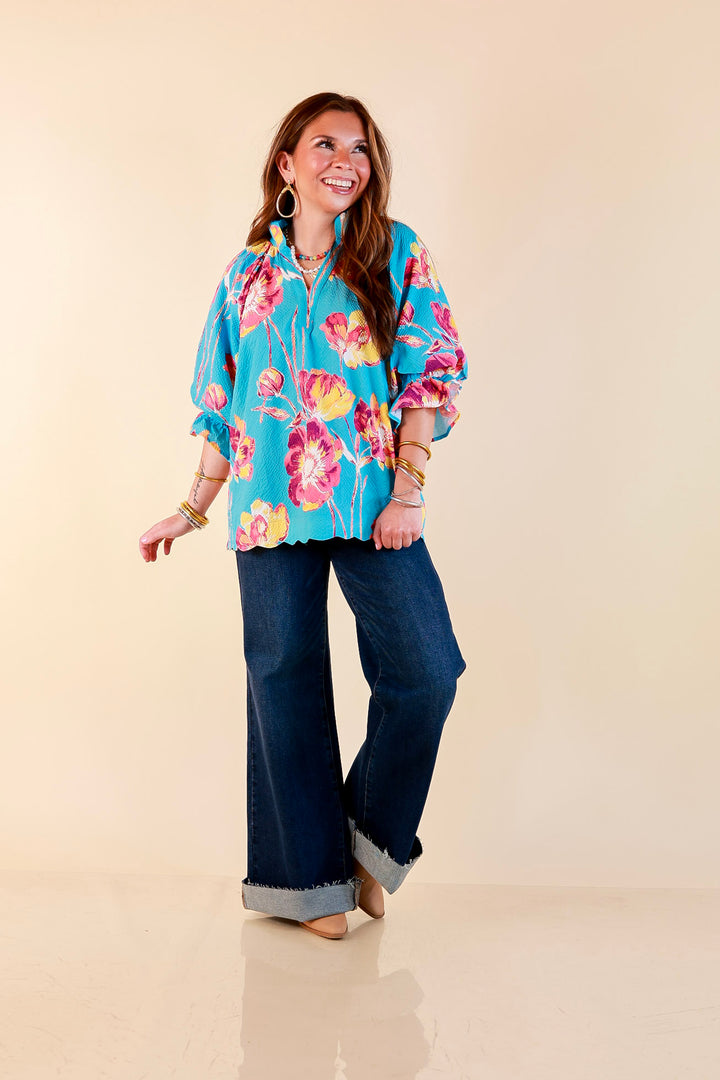Petal Perfect Floral Print Textured Puff Sleeve Top with Ruffle Split Neckline in Aqua Mix