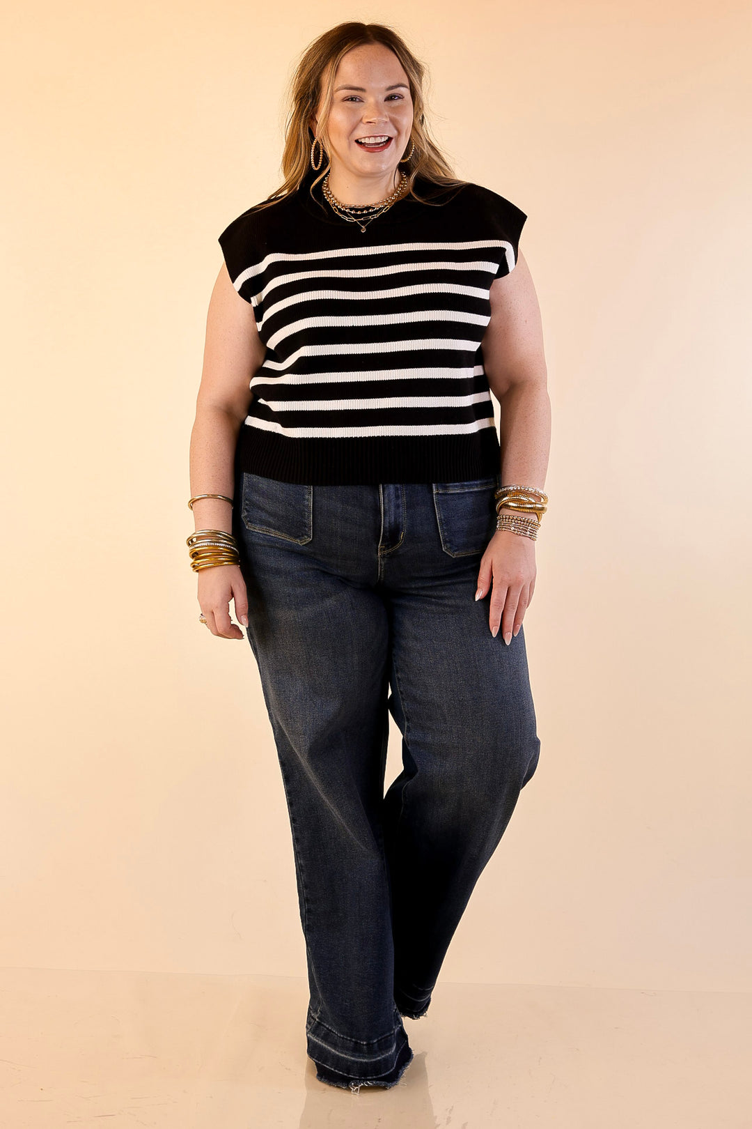 Stripe Things Up Drop Shoulder Knit Sweater in Black with Ivory Stripes