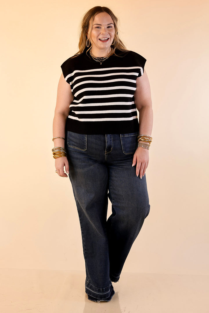 Stripe Things Up Drop Shoulder Knit Sweater in Black with Ivory Stripes