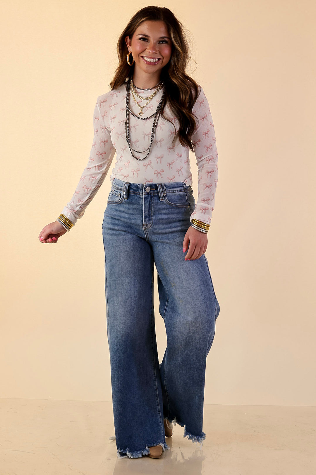 The Perfect Layer Coquette Pink Bow Print Mesh Long Sleeve Top in Ivory