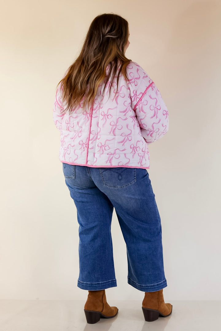 Mud Pie | Cher Quilted Jacket with Pink Bow Print and Pink Piping and Pockets in Off White