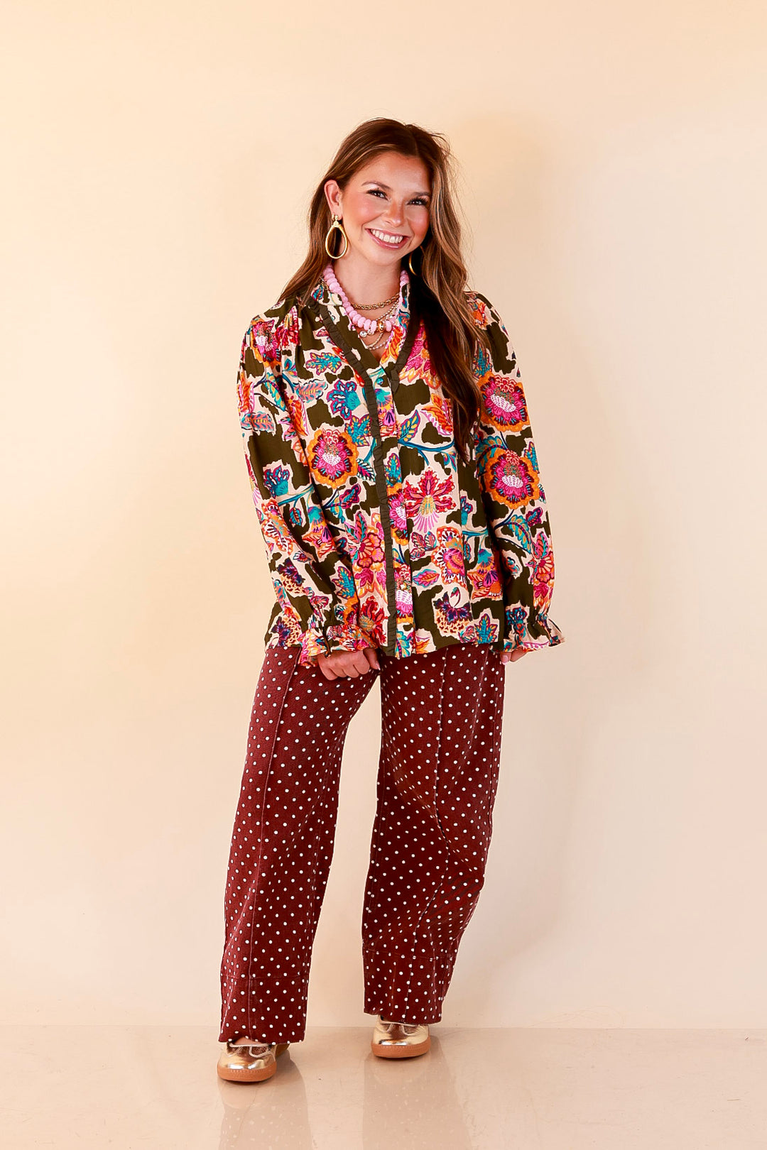 Petal Pop Floral Print Ruffle Front Button Up Long Sleeve Top with Balloon Sleeves in Olive Green