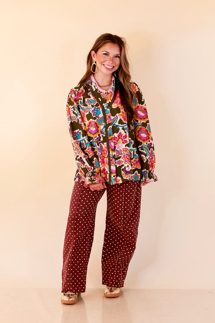 Petal Pop Floral Print Ruffle Front Button Up Long Sleeve Top with Balloon Sleeves in Olive Green