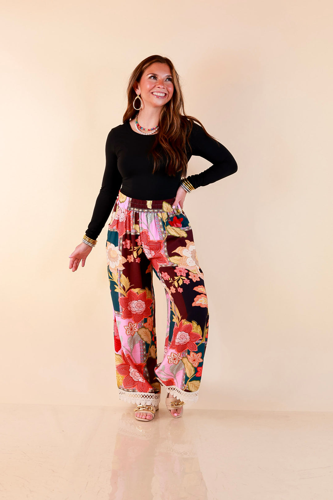 Patchwork Flair Floral Patchwork Print Wide Leg Pants with Lace Trim in Pink Mix