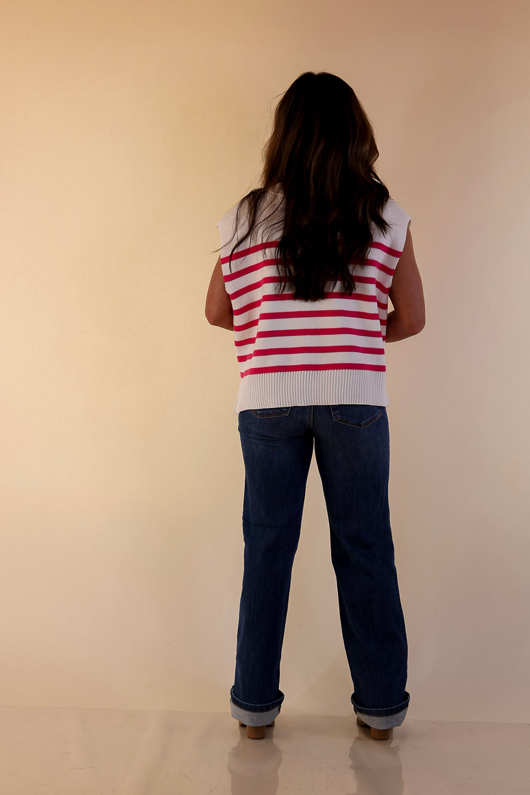 Stripe Things Up Drop Shoulder Knit Sweater in White with Hot Pink Stripes