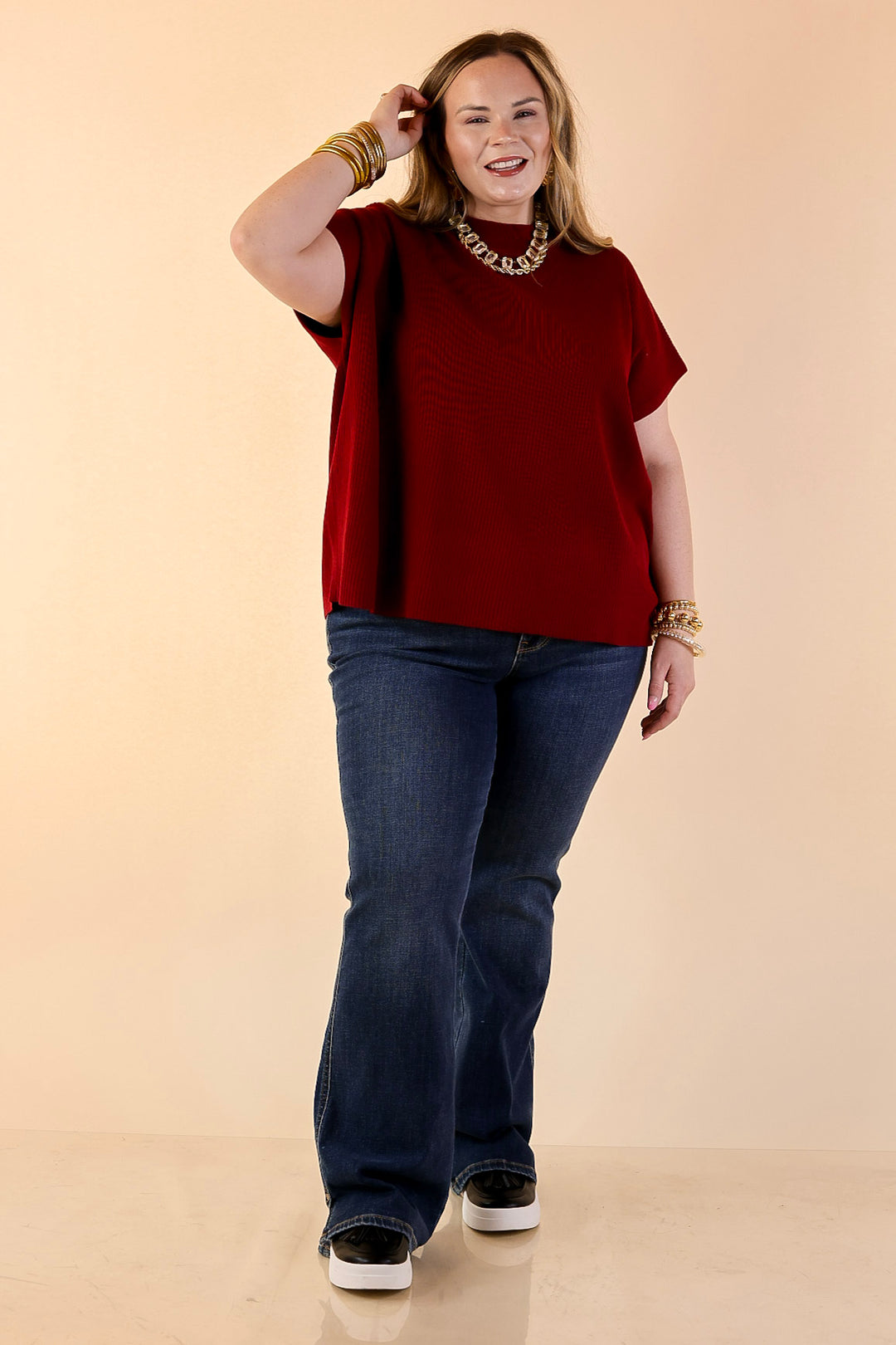 Always in Style Short Sleeve Mock Neck Top in Maroon