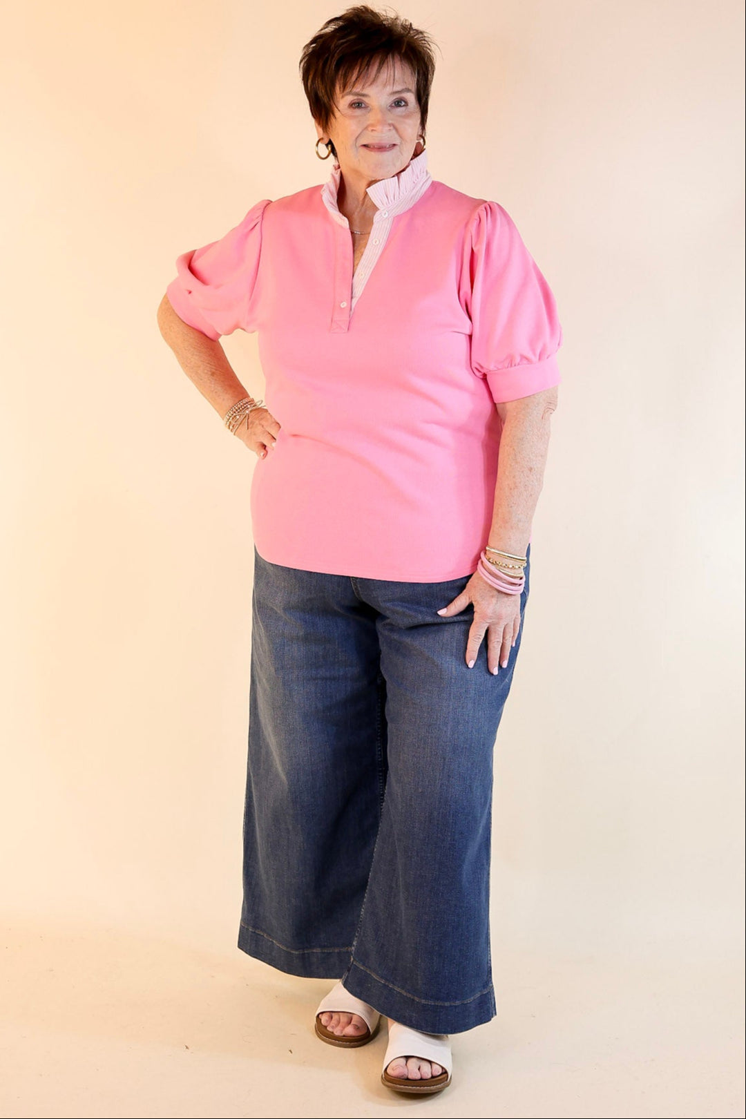 Sleek Sophistication Short Puff Sleeve Top with Striped Collar in Pink