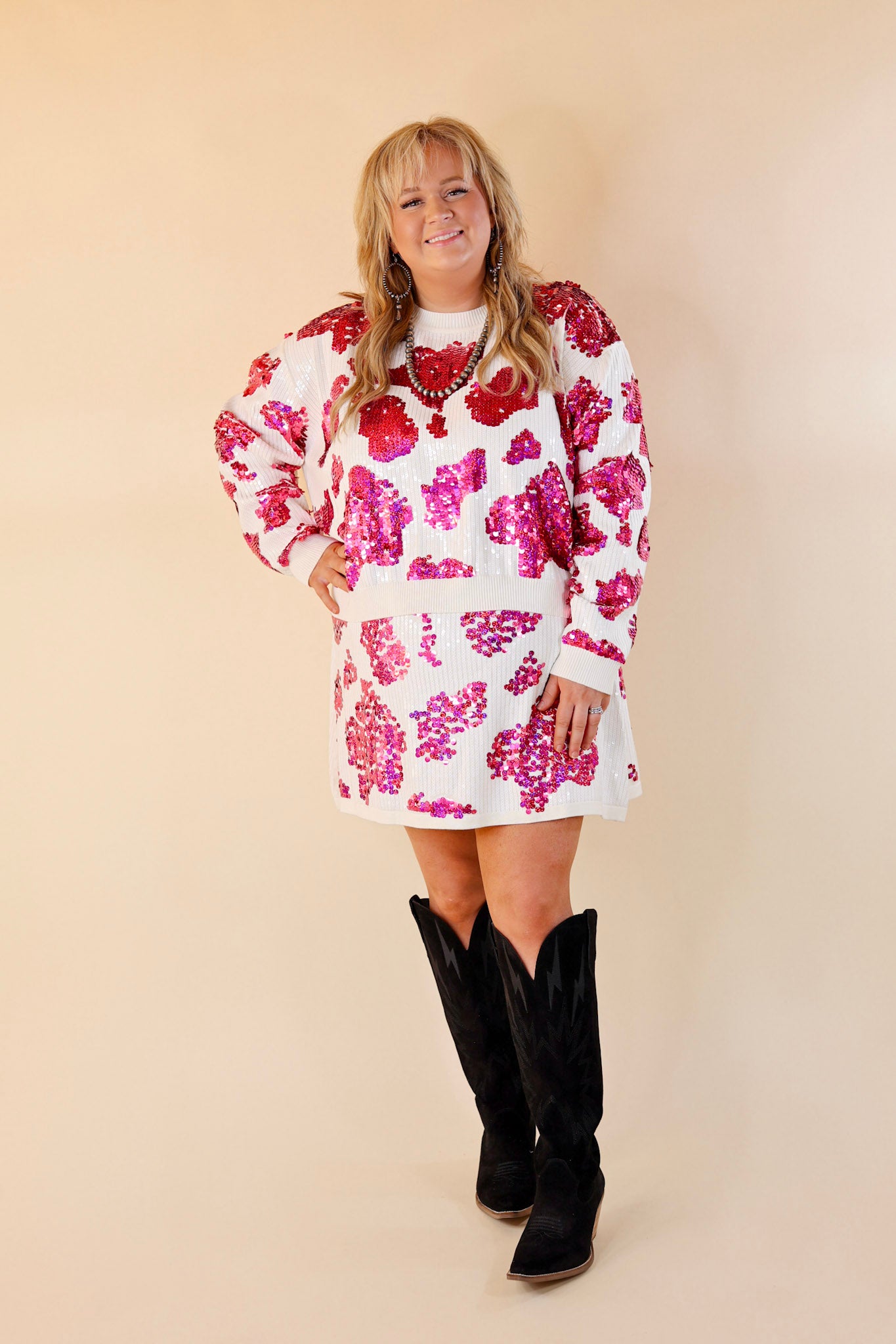Queen Of Sparkles | Cow Print Long Sleeve Graphic Sweater in White & Hot Pink - Giddy Up Glamour Boutique