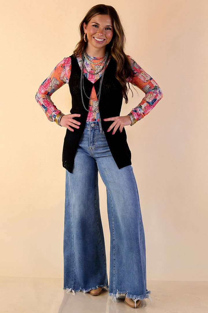 Effortlessly Elevated Textured Knit Front Clasp Sweater Vest in Black