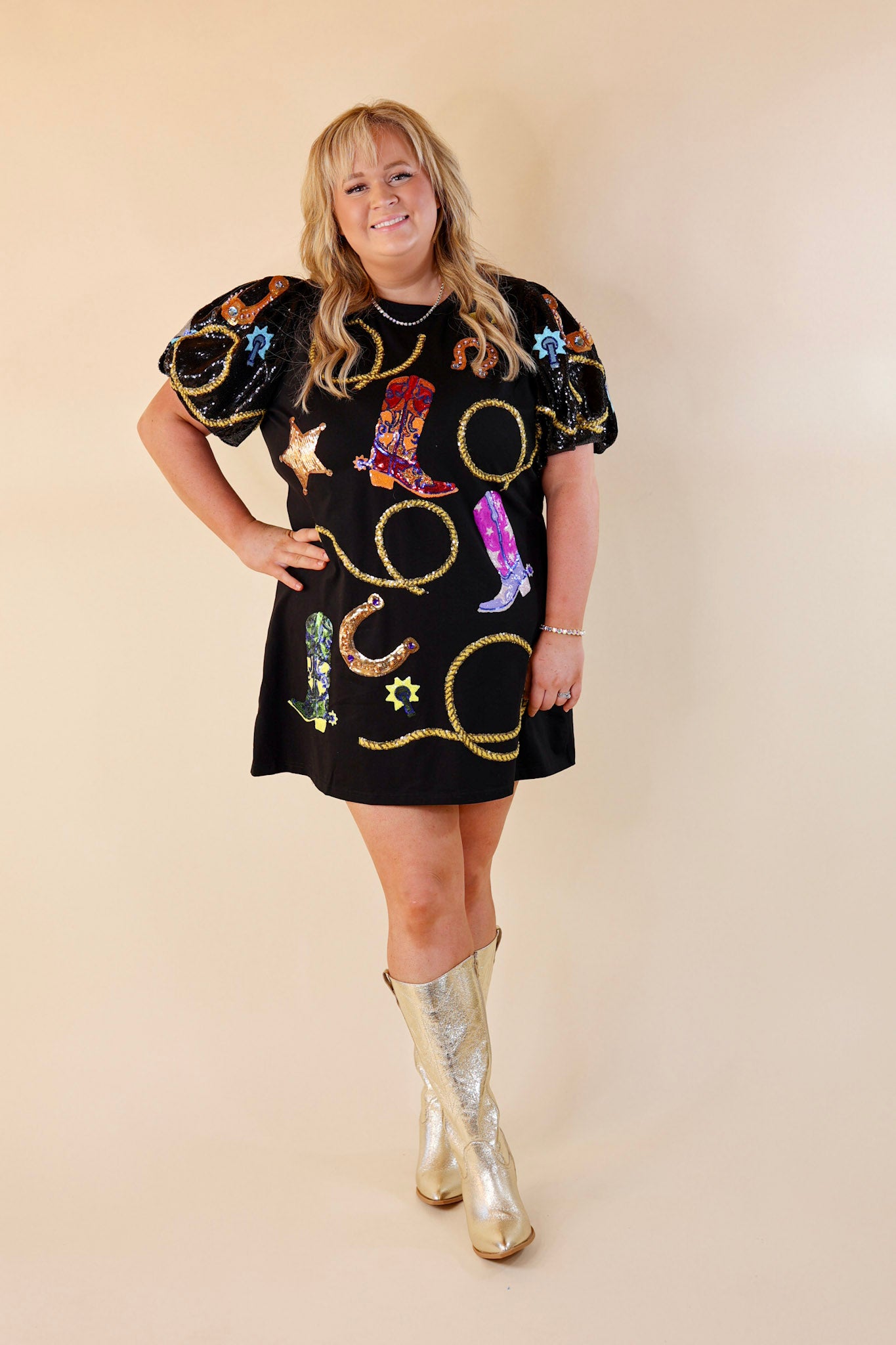 Queen Of Sparkles | Cowgirl Icon Poof Sleeve Graphic Dress in Black - Giddy Up Glamour Boutique