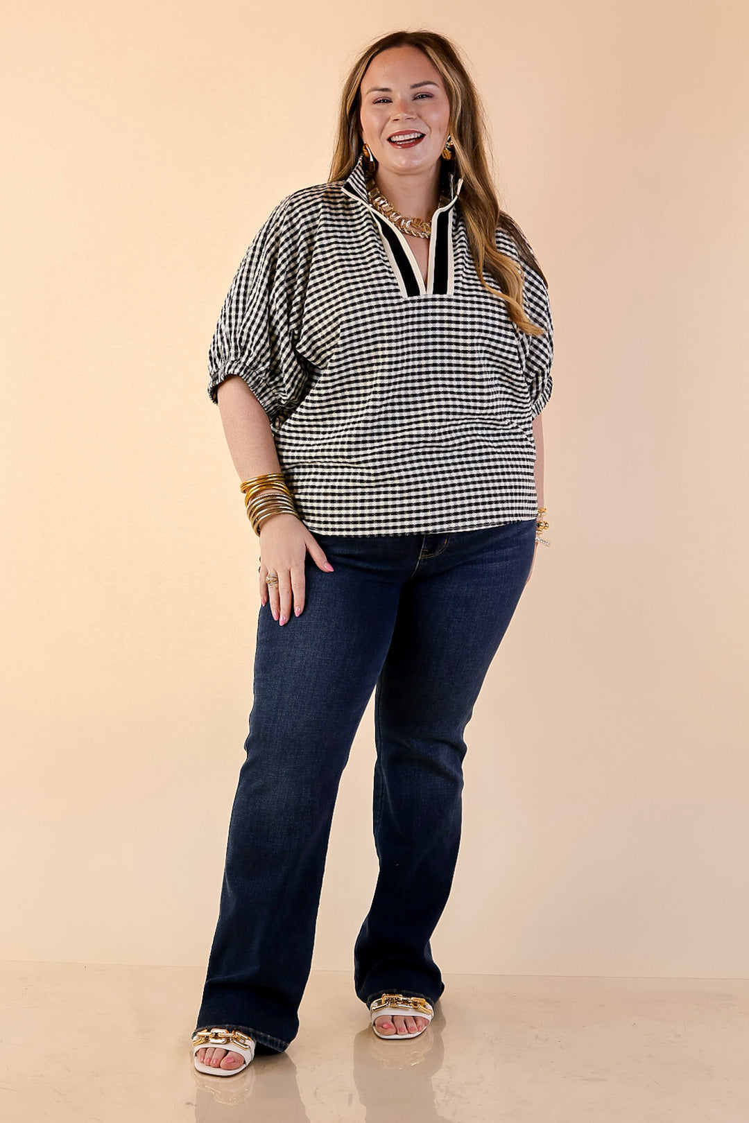 Naturally Stylish Gingham Plaid Top with Contrast Stripe Trim and Short Dolman Sleeves in Black