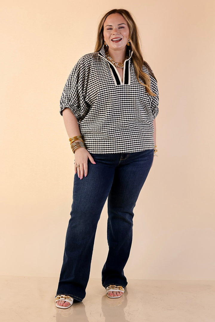 Naturally Stylish Gingham Plaid Top with Contrast Stripe Trim and Short Dolman Sleeves in Black