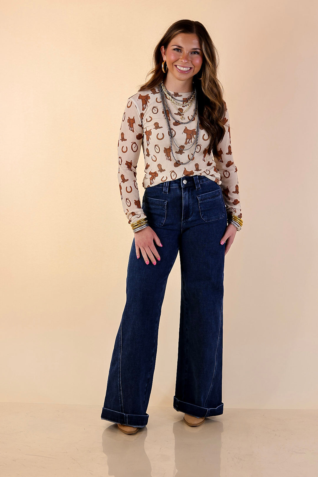 The Perfect Layer Western Icons Print Mesh Long Sleeve Top in Cream and Brown