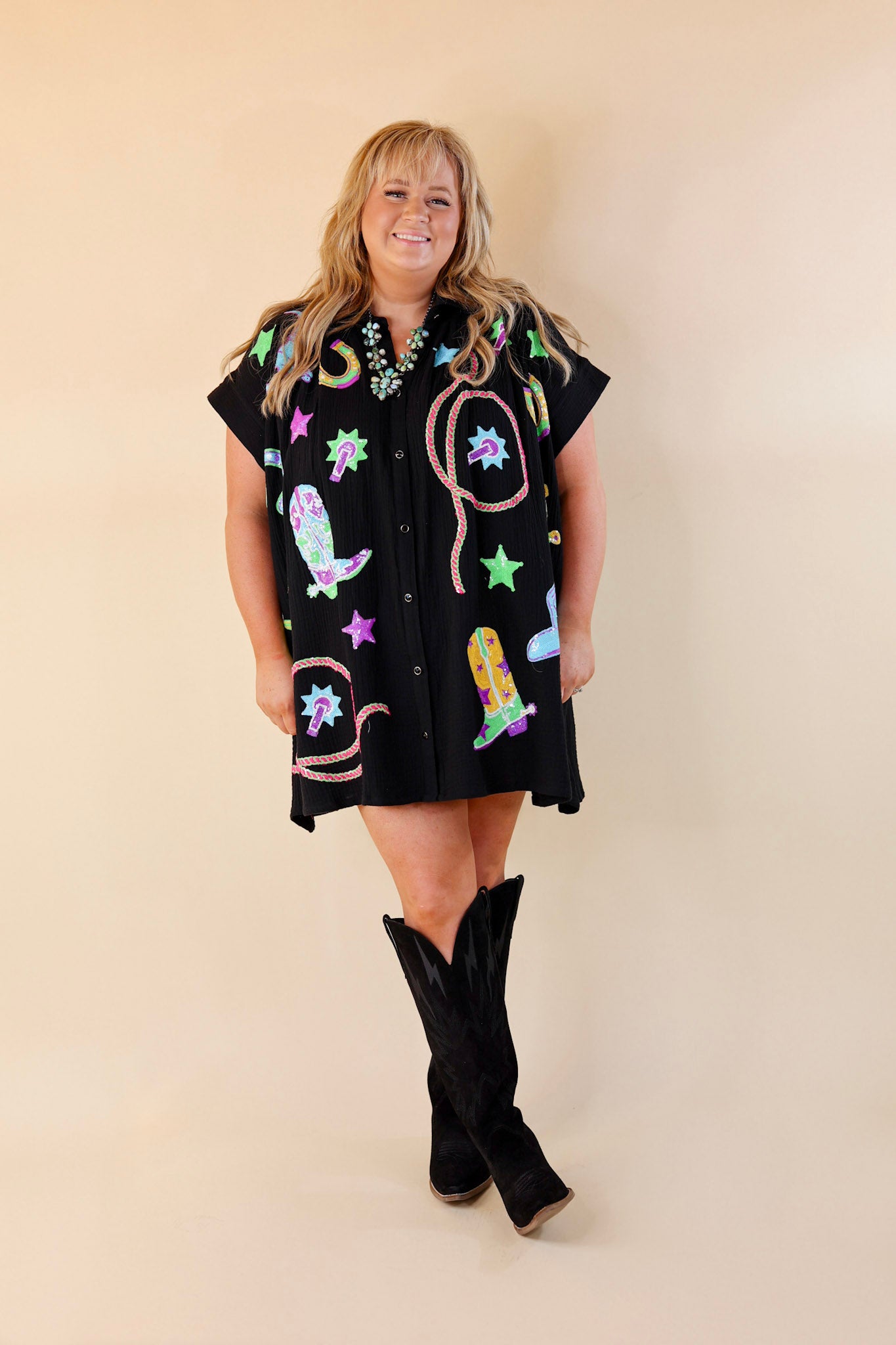 Queen Of Sparkles | Western Icon Short Sleeve Graphic Dress in Black - Giddy Up Glamour Boutique