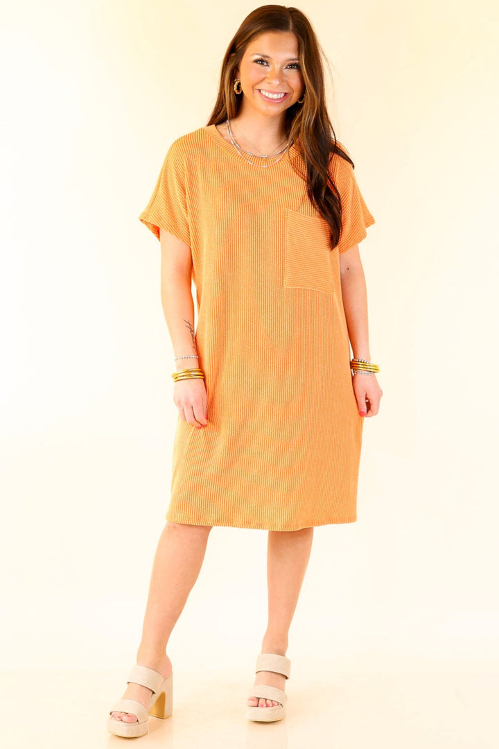 Coffee and Carefree Ribbed Short Sleeve Dress with Front Pocket in Orange
