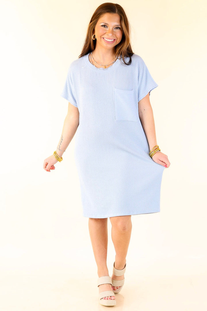 Coffee and Carefree Ribbed Short Sleeve Dress with Front Pocket in Sky Blue