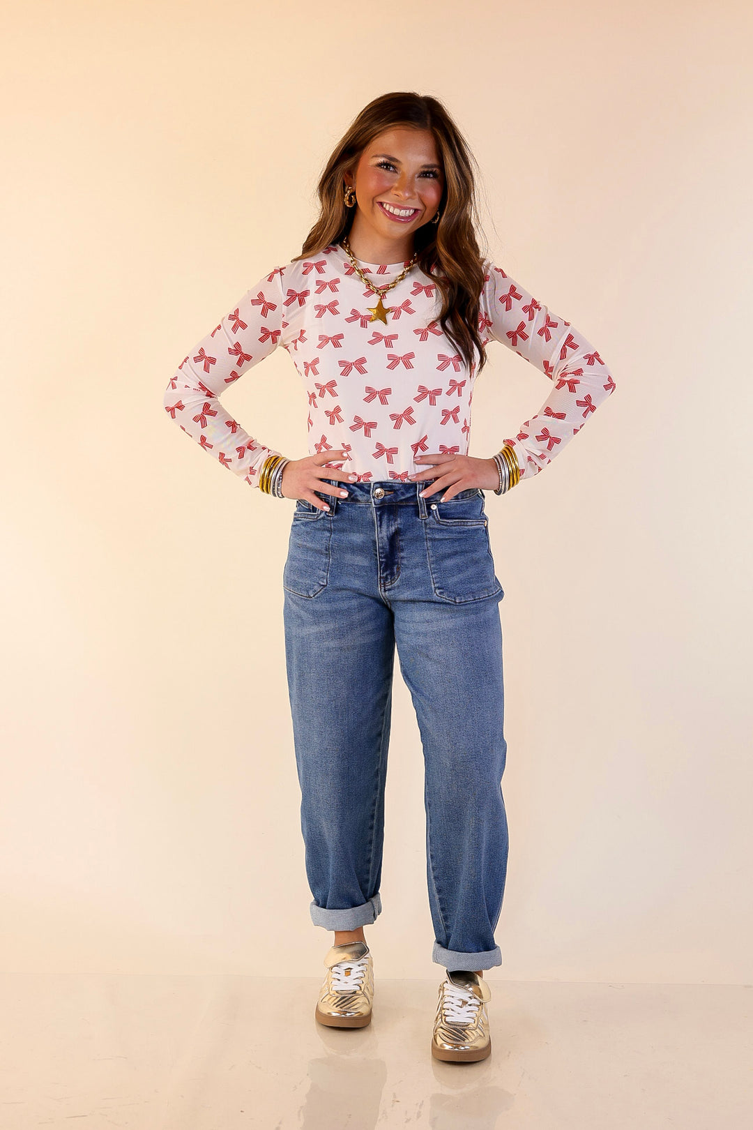 The Perfect Layer Bow Print Mesh Long Sleeve Top in Ivory and Red