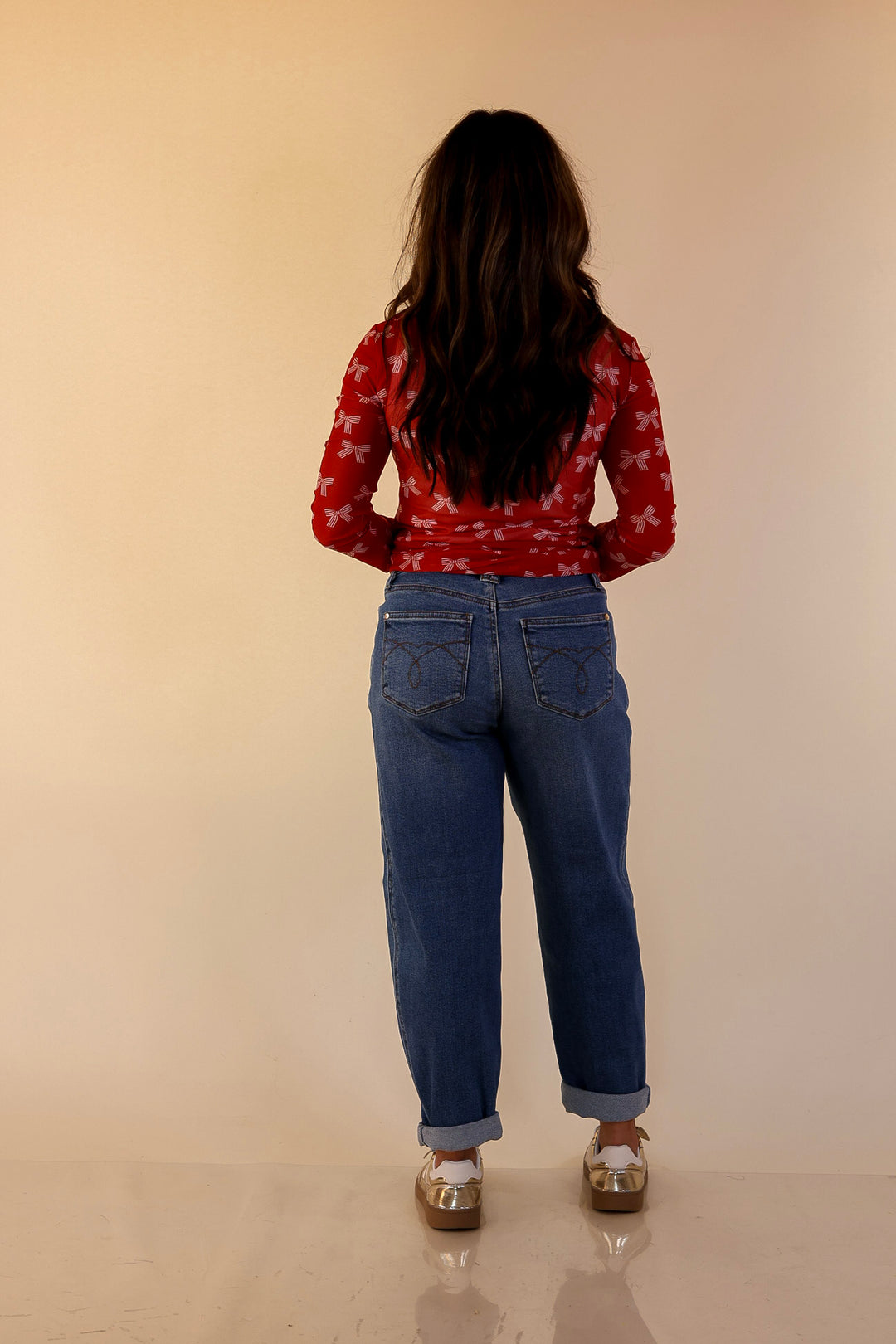 The Perfect Layer Bow Print Mesh Long Sleeve Top in Red and Ivory