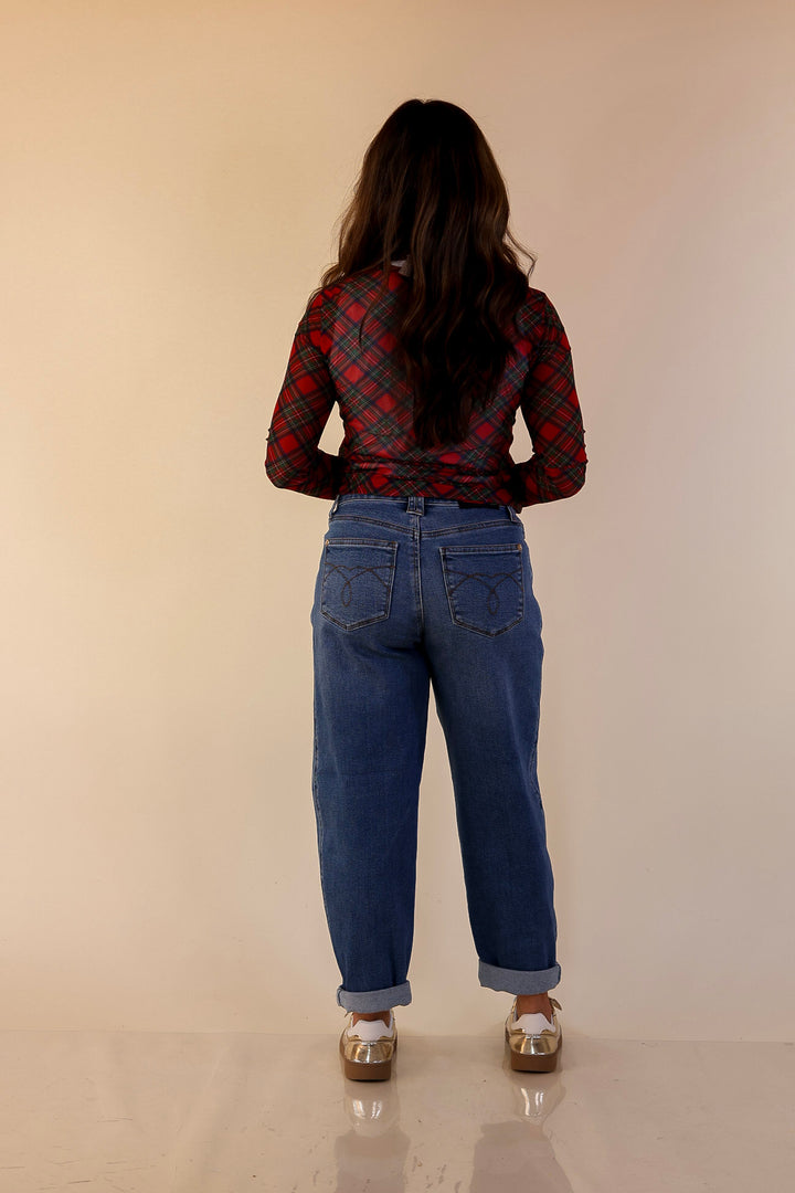 The Perfect Layer Tartan Plaid Print Mesh Long Sleeve Top in Red