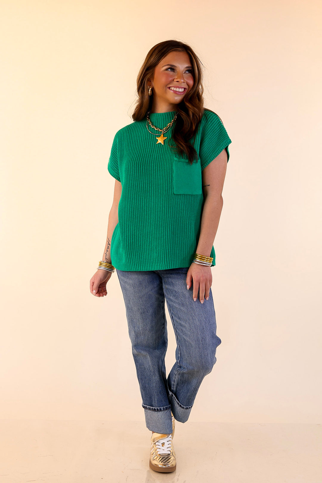 Repeat Ready Cap Sleeve Sweater with Front Pocket in Kelly Green