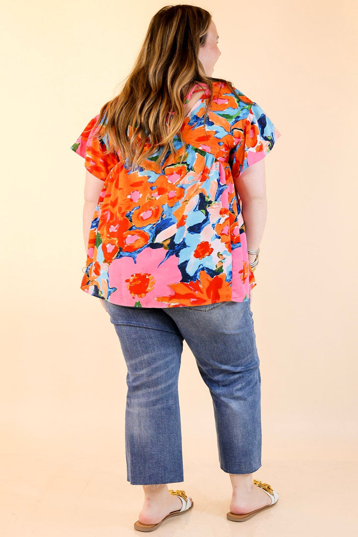 You Had Me At Aloha Watercolor Floral Top with V Neckline in Orange Mix