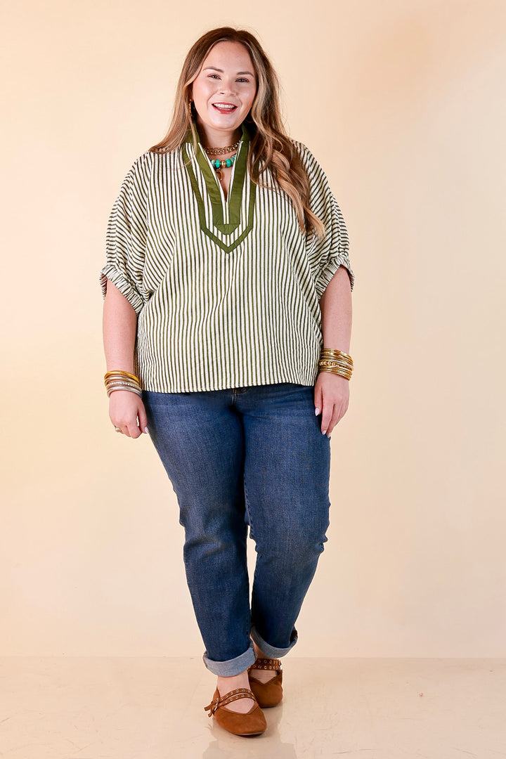 Naturally Stylish Stripe Top with Contrast Stripe Trim and Short Dolman Sleeves in Olive Green