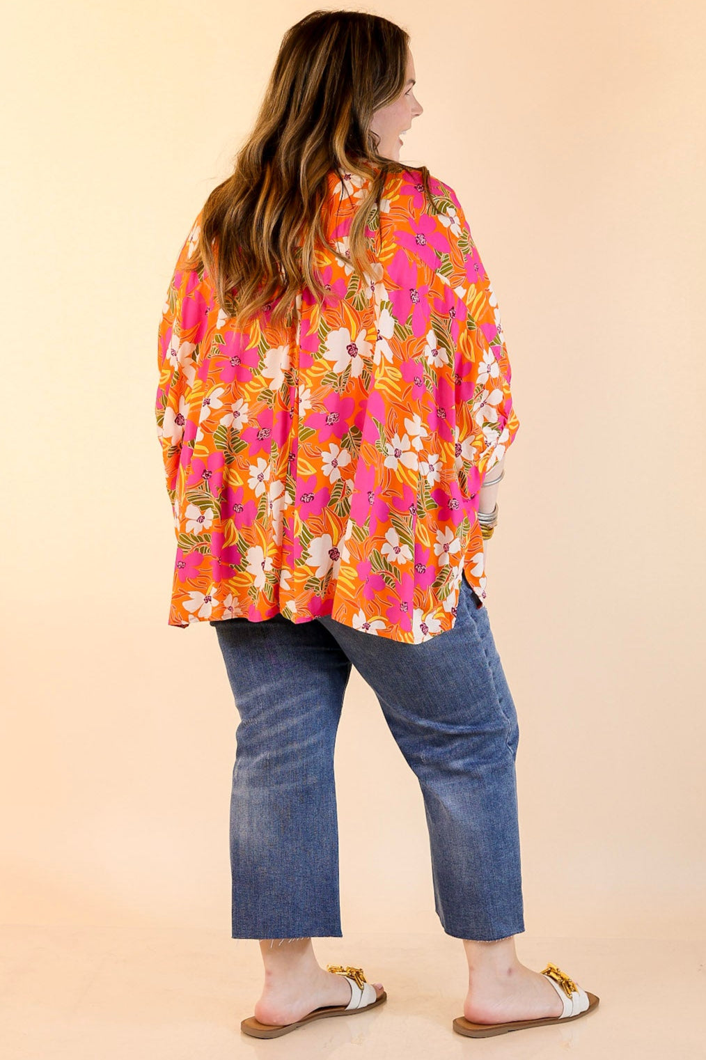 Bright Lifestyle Button Up Half Sleeve Floral Poncho Top in Orange Mix