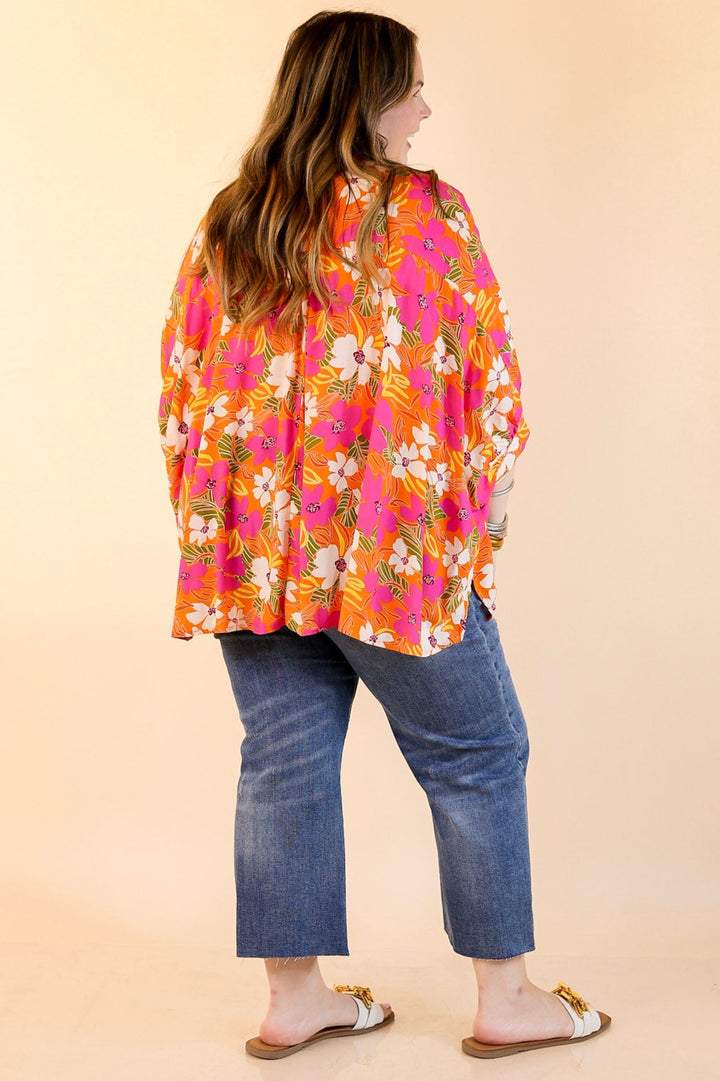 Bright Lifestyle Button Up Half Sleeve Floral Poncho Top in Orange Mix