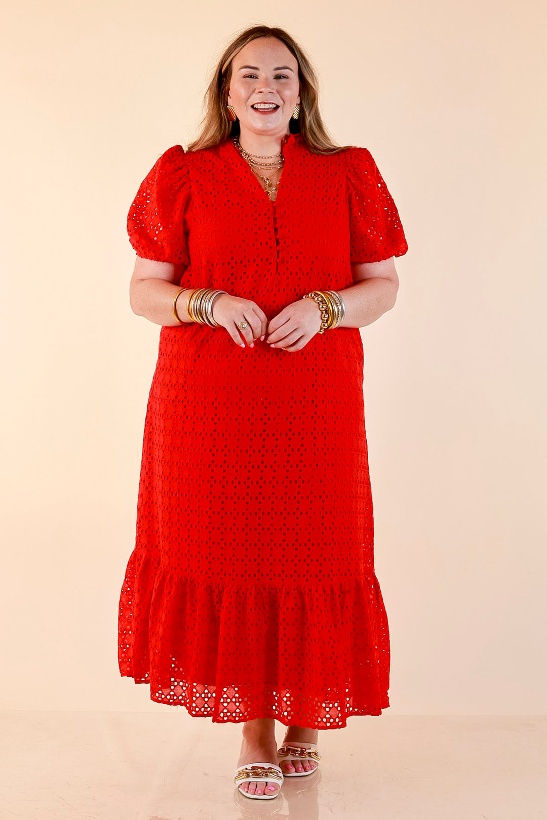 Meet Me at Sunset Eyelet Lace Puff Sleeve Tiered Maxi Dress in Red