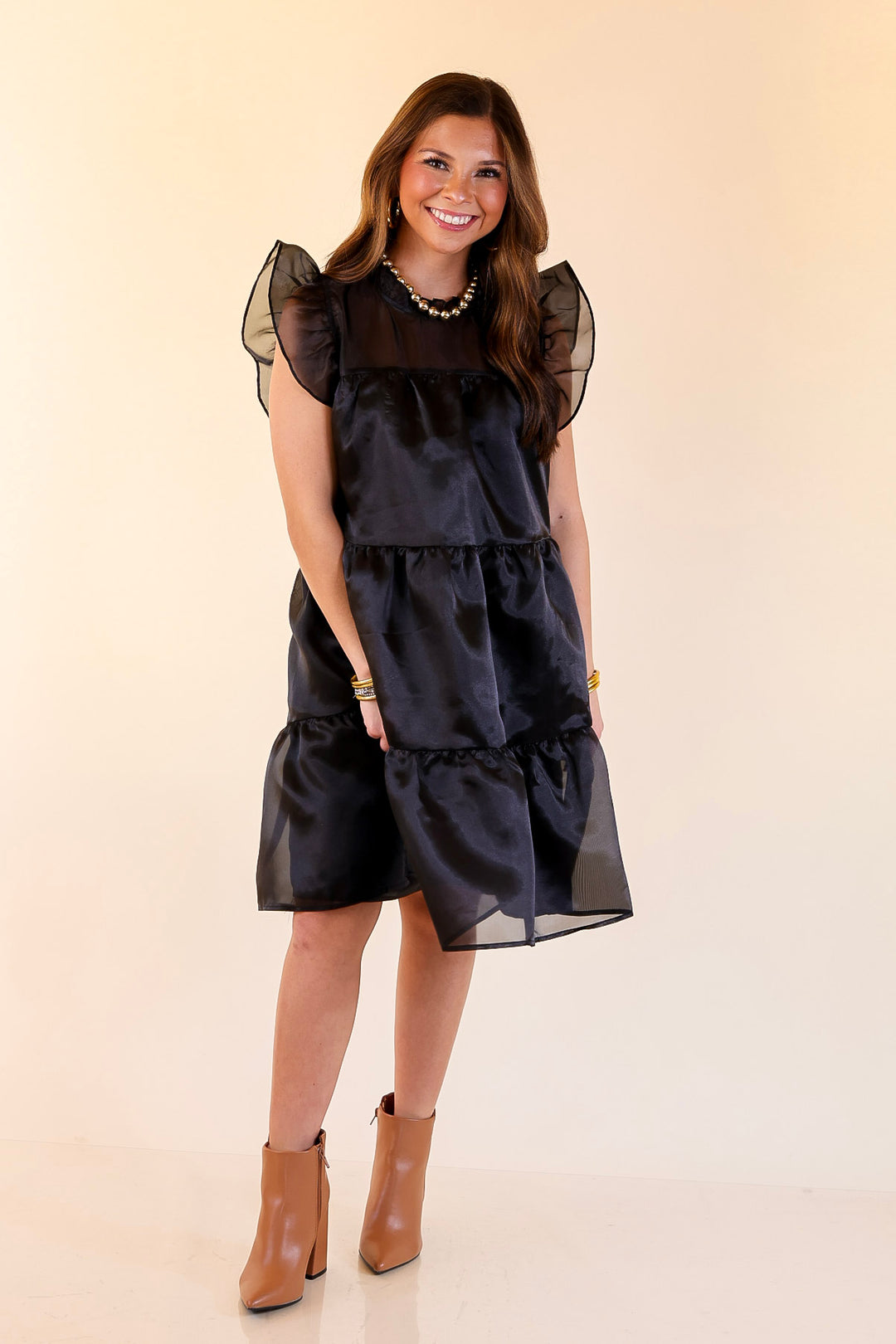 Mud Pie | Jane High Neck Sheer Tulle Ruffle Tiered Dress in Black