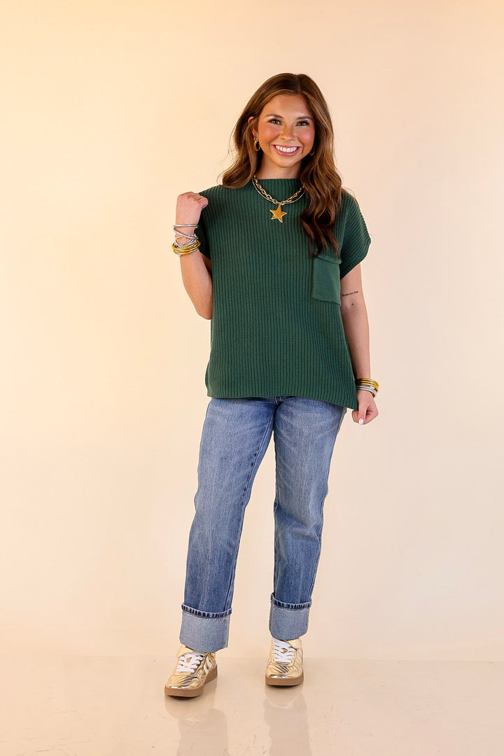 Repeat Ready Cap Sleeve Sweater with Front Pocket in Forest Green