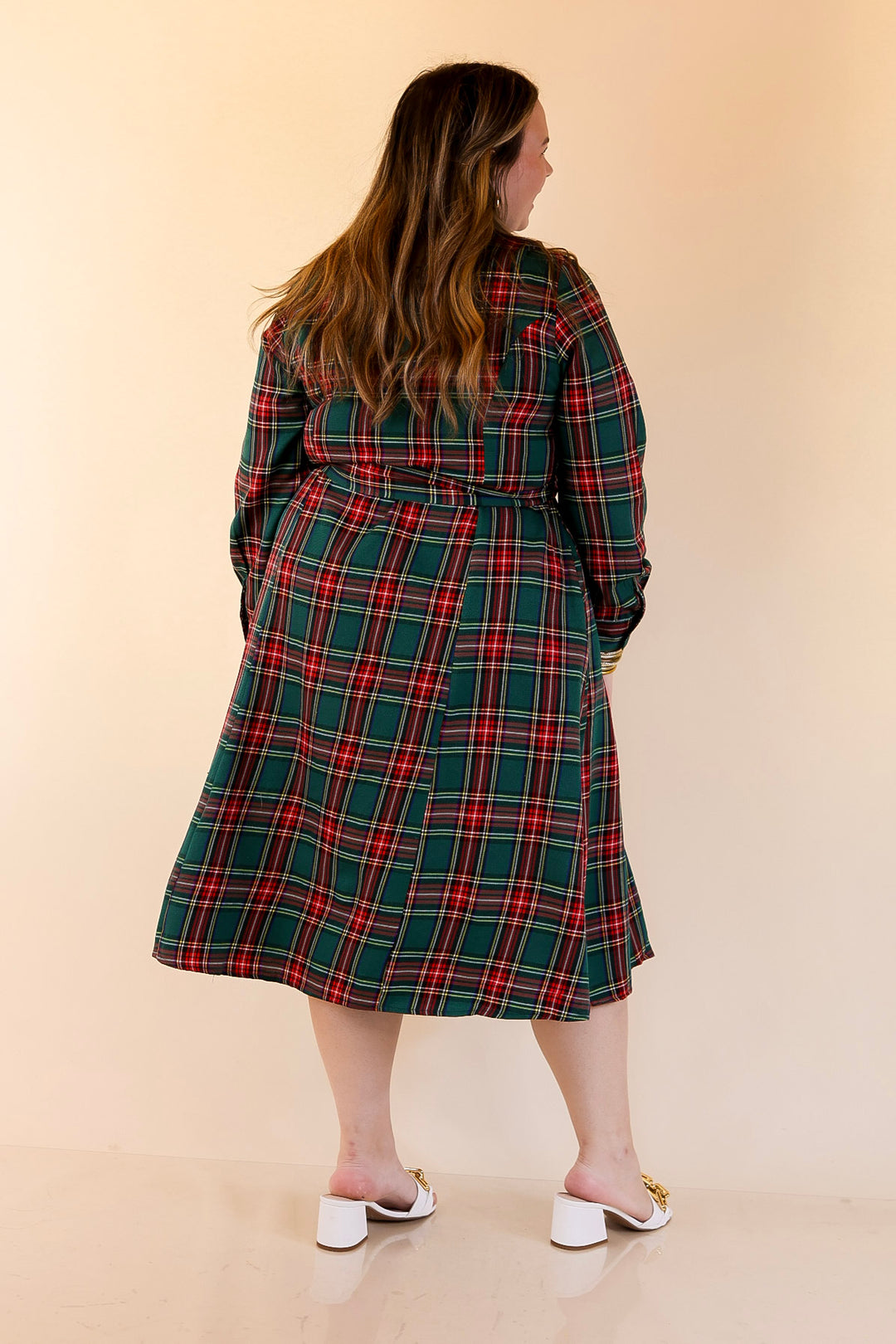 Polished Presence Long Sleeve Plaid Button Up Collared Midi Dress in Green