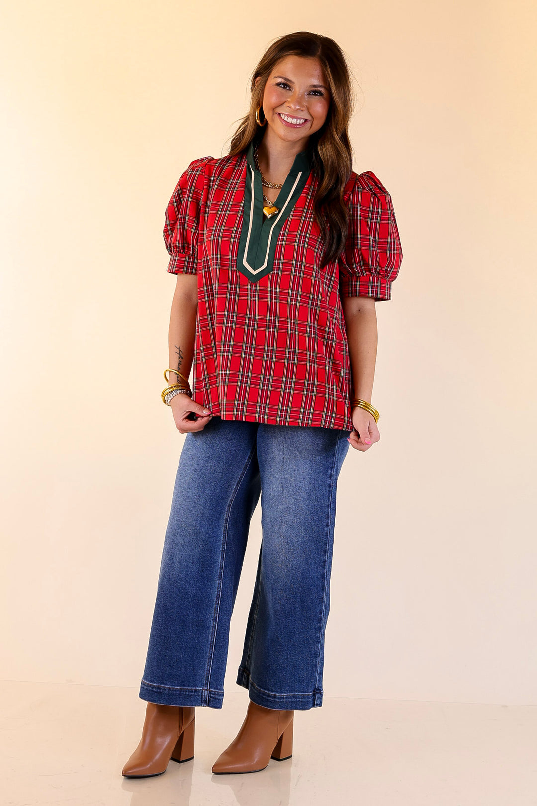 Chic Statement V Neck Plaid Top with Short Balloon Sleeves and Green Trim in Red