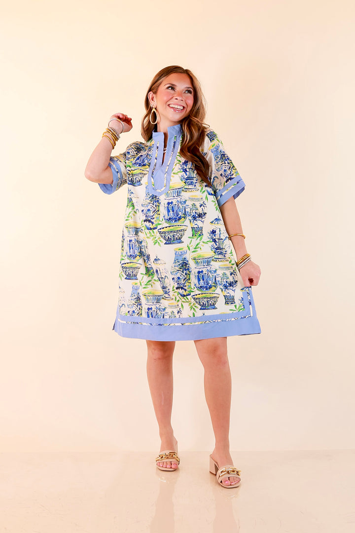 Postcards from Paradise Vase Print Contrast Trim Shift Dress in Blue Multi