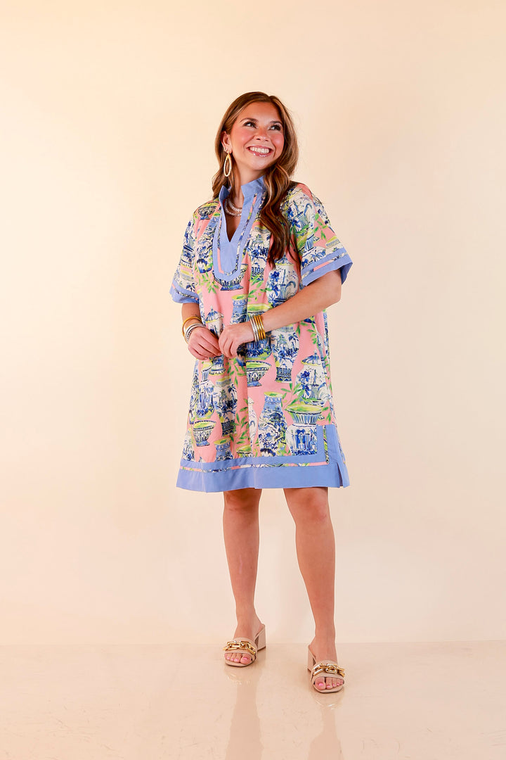 Postcards from Paradise Vase Print Contrast Trim Shift Dress in Coral Pink Multi