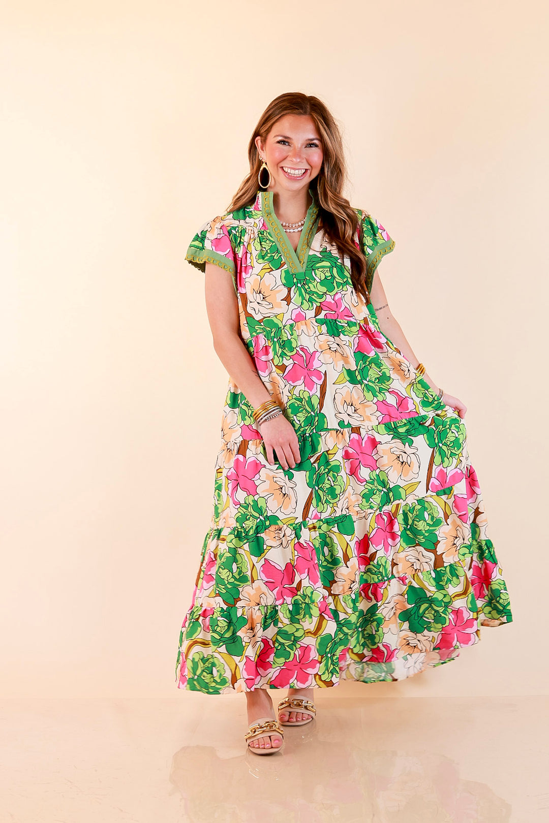 Spring Symphony Floral Print Tiered Midi Dress with Flutter Sleeves in Pink and Green