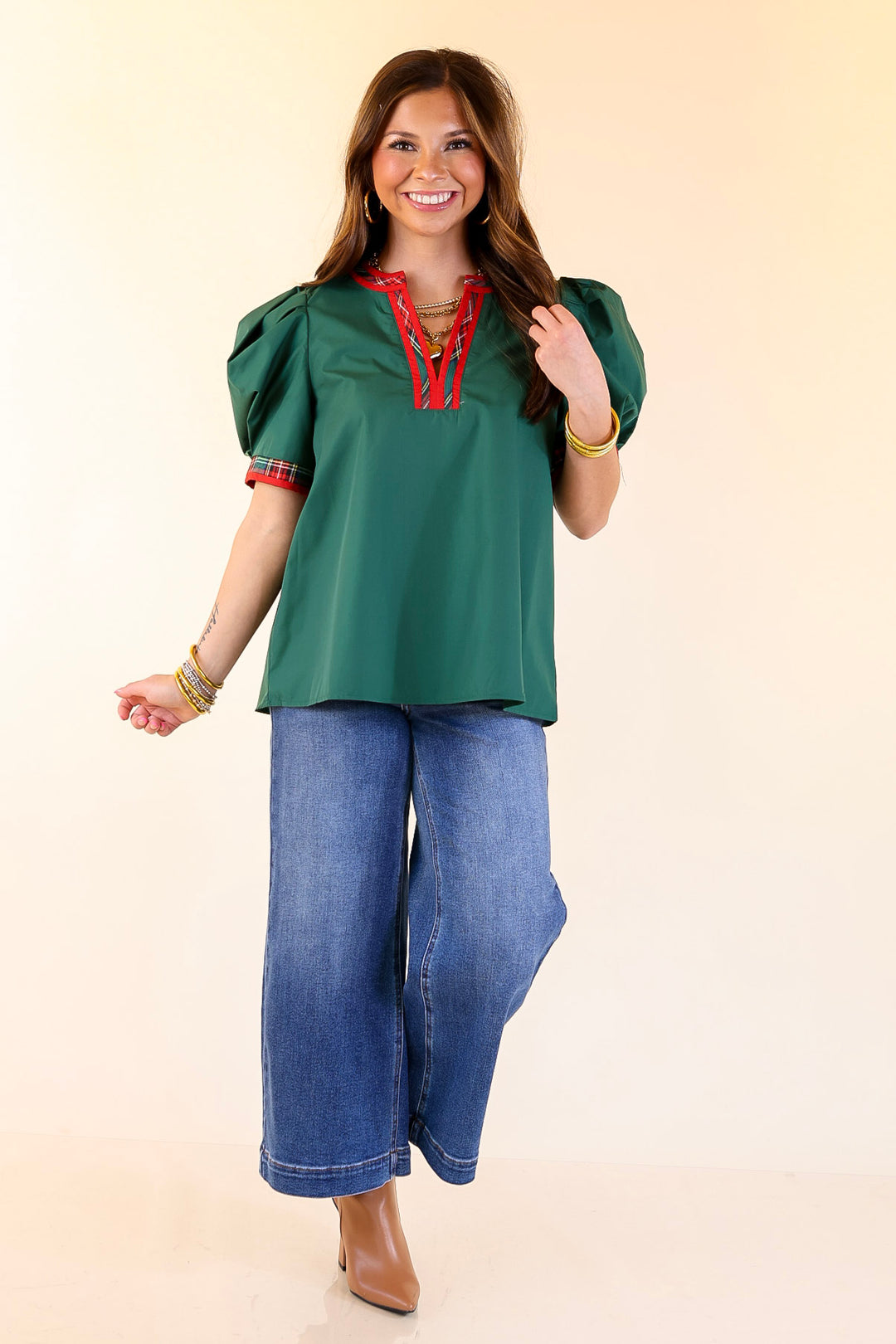 Commanding Style V Neck Top with Short Balloon Sleeves and Plaid Trim in Hunter Green