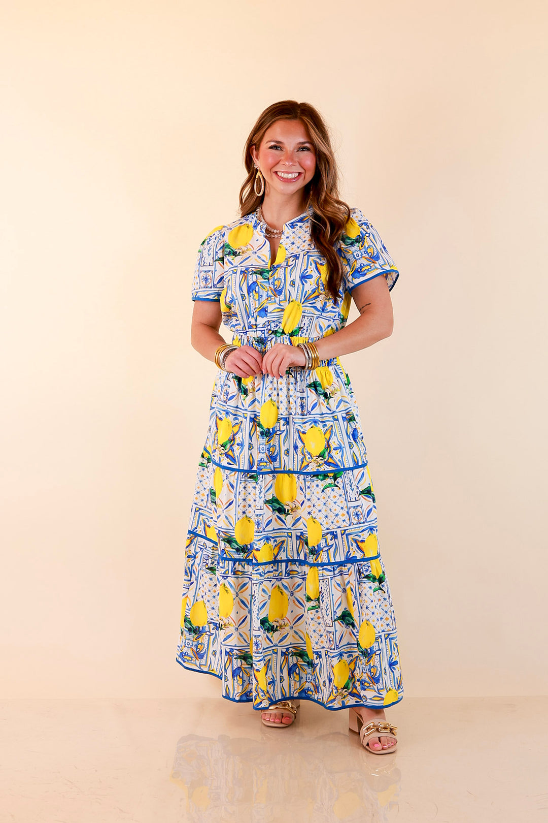 Villa Views Lemon and Tile Abstract Print Tiered Midi Dress in Blue and Yellow