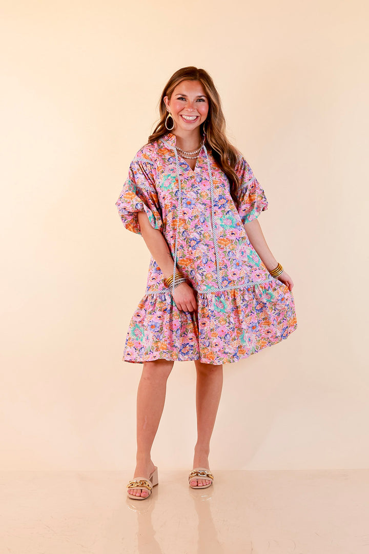 Darling Detail Floral Print Drop Waist Mini Dress with Contrast Trim in Pink Multi