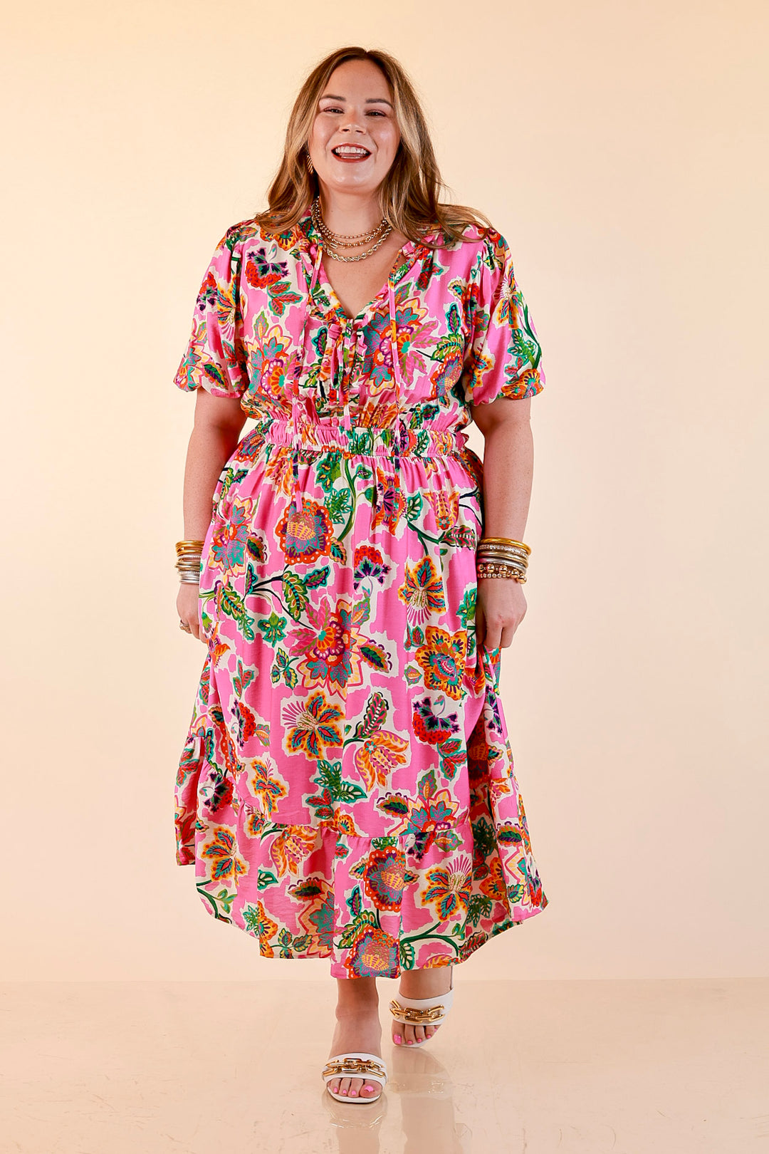 Color Me Happy Floral Print Midi Dress with Tie Neckline and Puff Sleeves in Pink