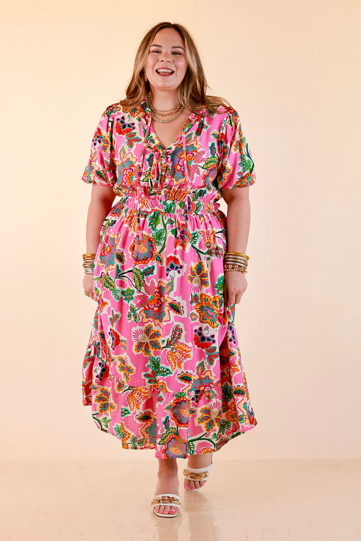 Color Me Happy Floral Print Midi Dress with Tie Neckline and Puff Sleeves in Pink