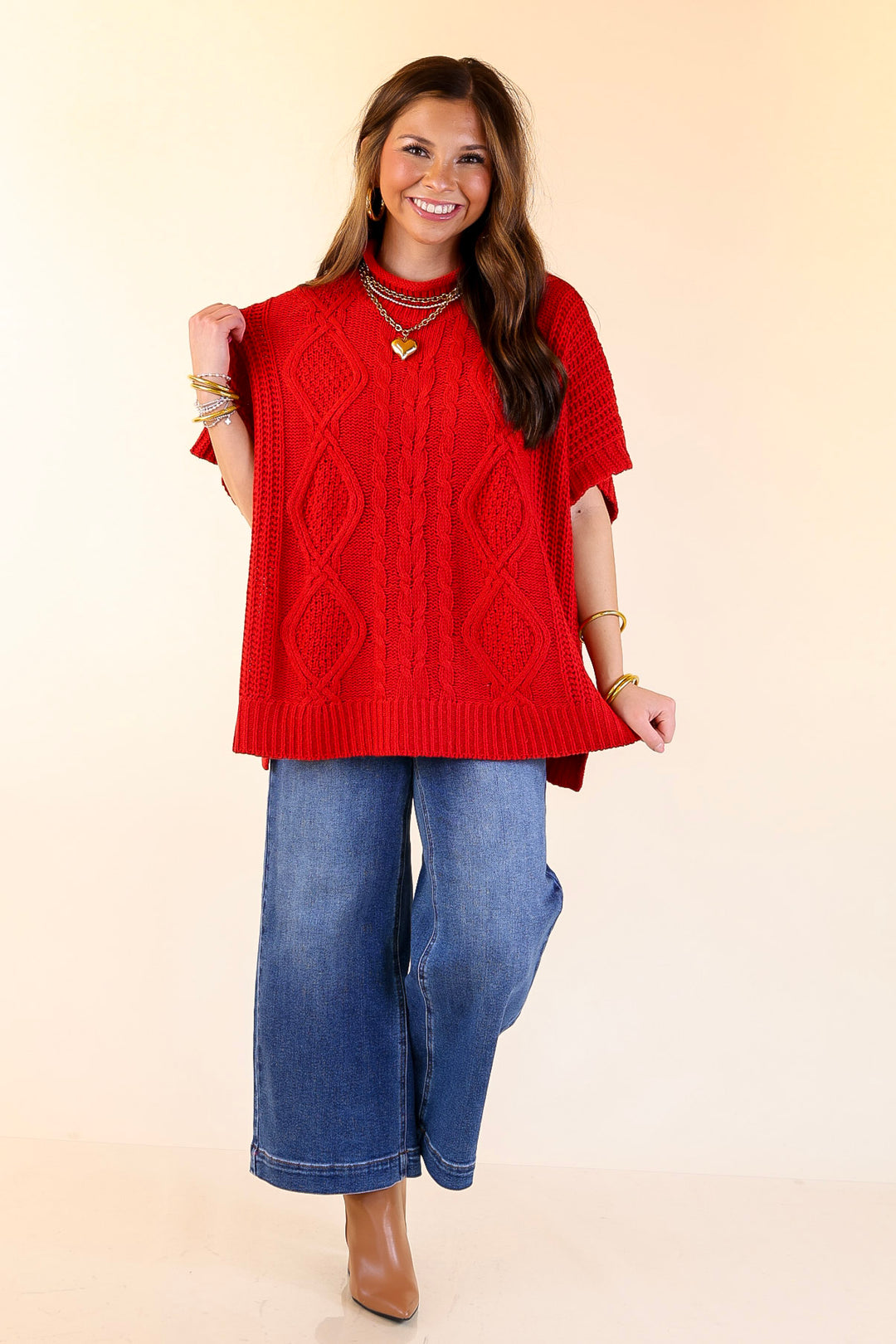 Mud Pie | Claude Oversized Cable Knit Dropped Shoulder Sweater in Red