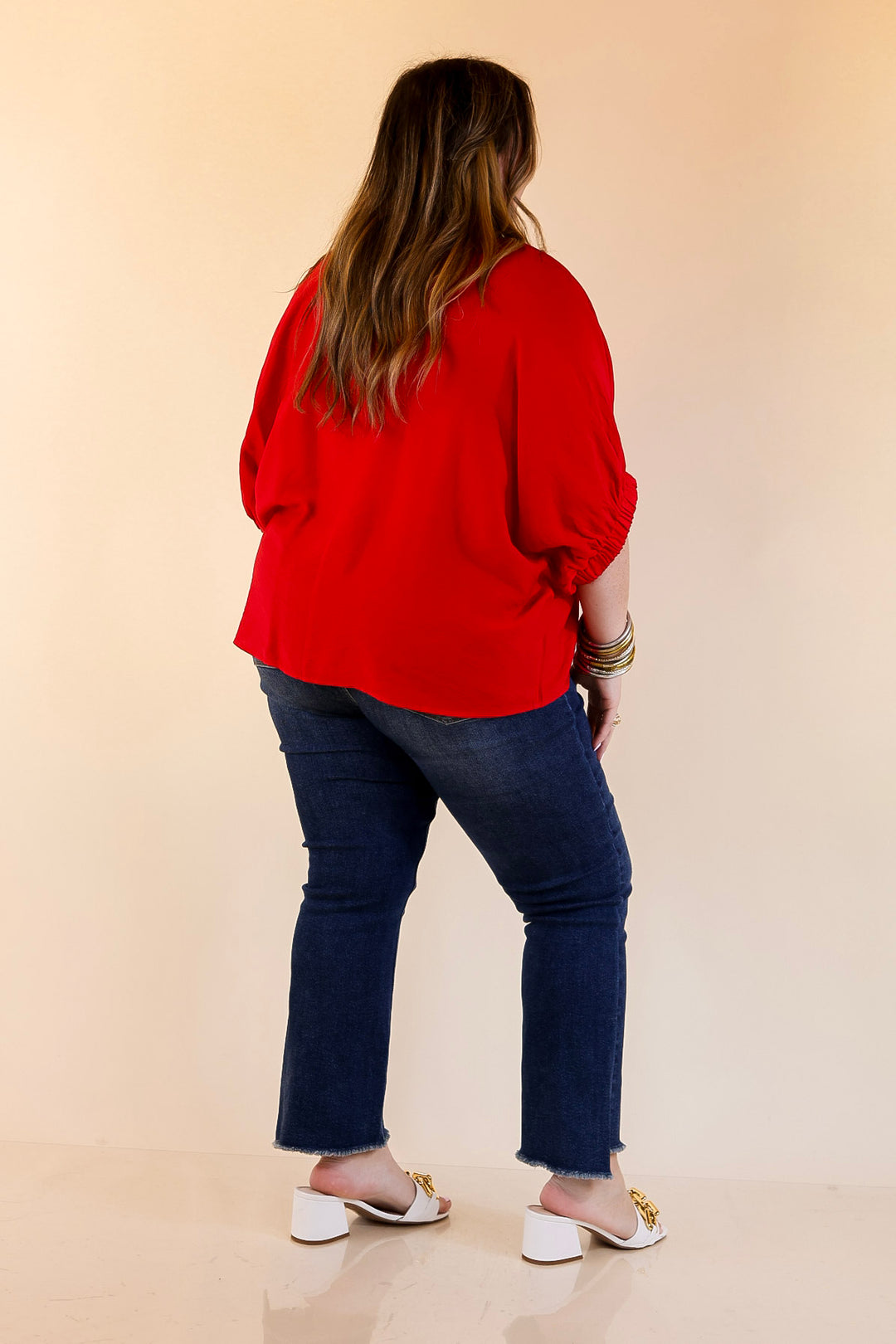 Naturally Stylish Poncho Top with Green Plaid Trim in Red