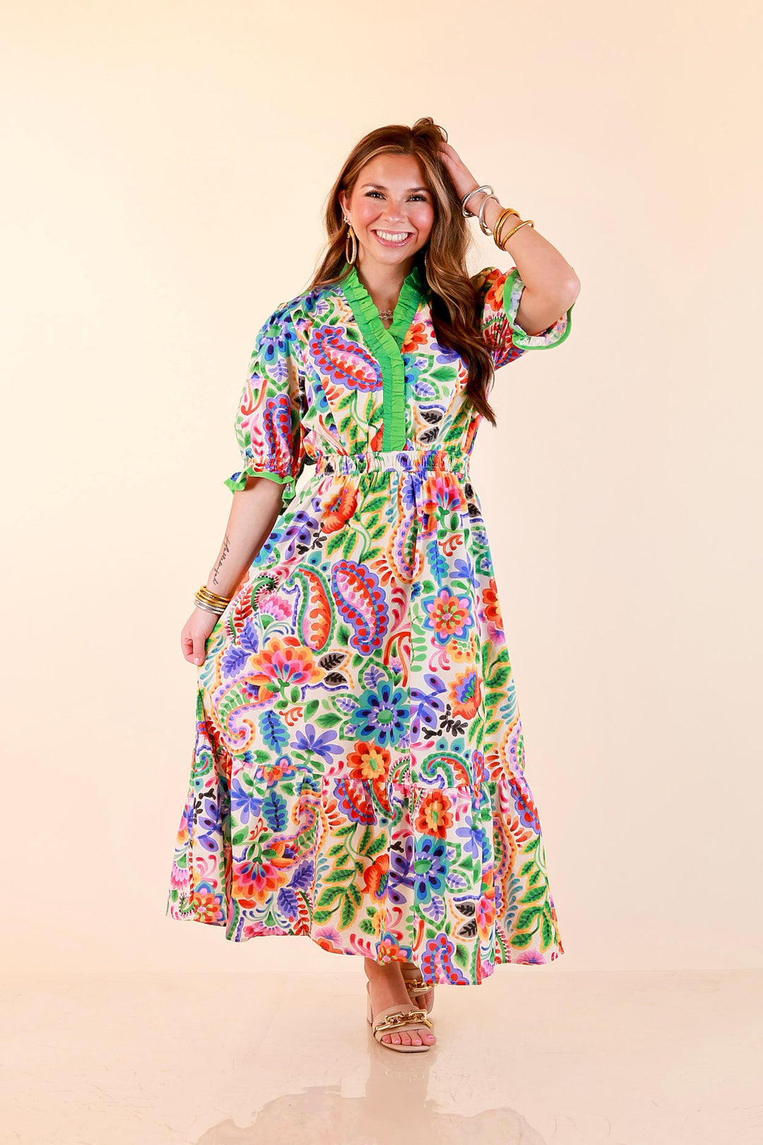 Gracefully Yours Floral and Paisley Print Midi Dress with Contrast Ruffle Trim in Ivory