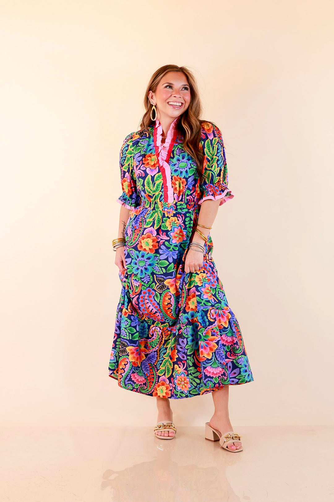 Gracefully Yours Floral and Paisley Print Midi Dress with Contrast Ruffle Trim in Navy Blue