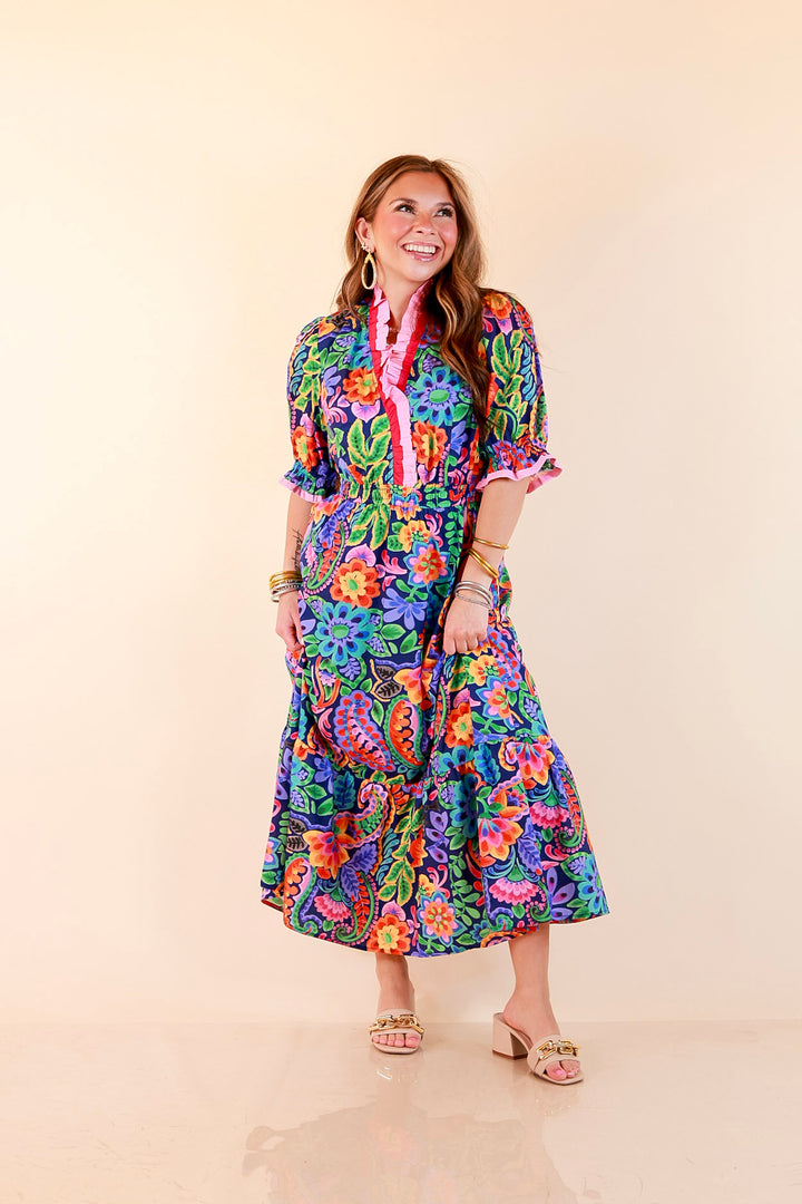 Gracefully Yours Floral and Paisley Print Midi Dress with Contrast Ruffle Trim in Navy Blue