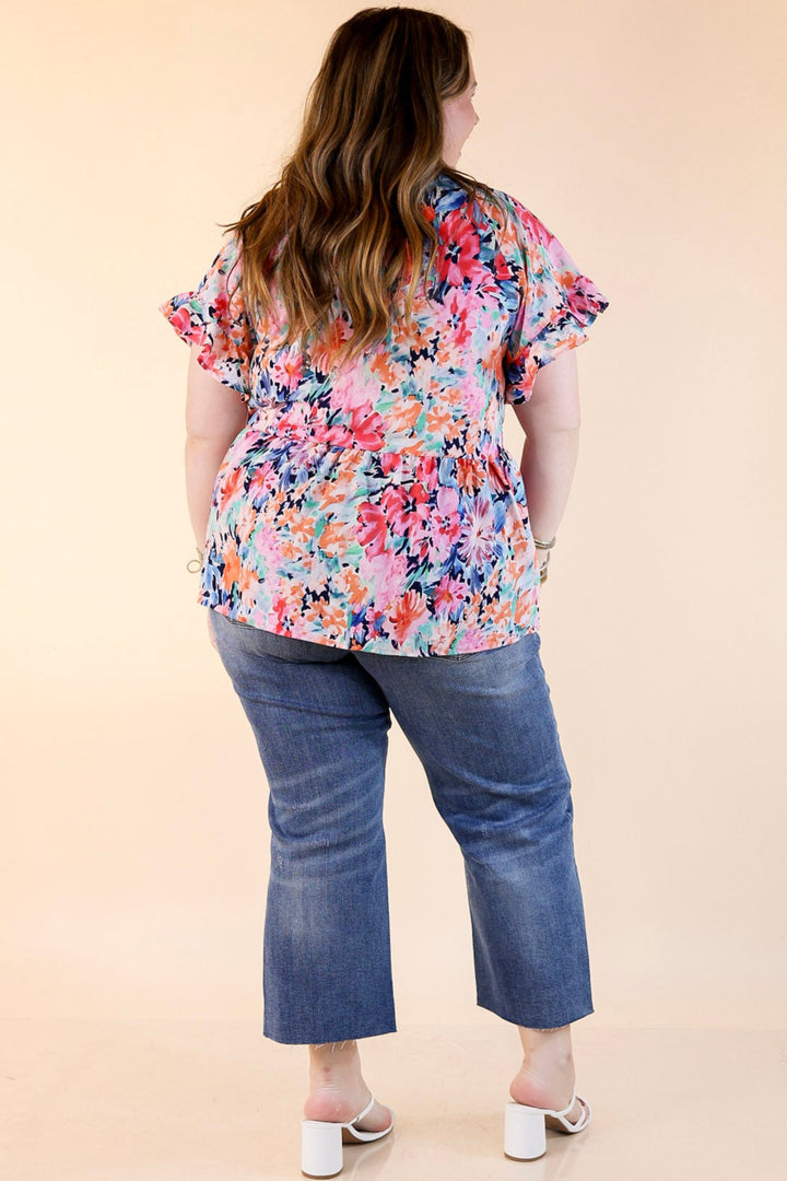 Spring Fever Floral Babydoll Top with Ruffle Short Sleeves in Pink and Blue Mix