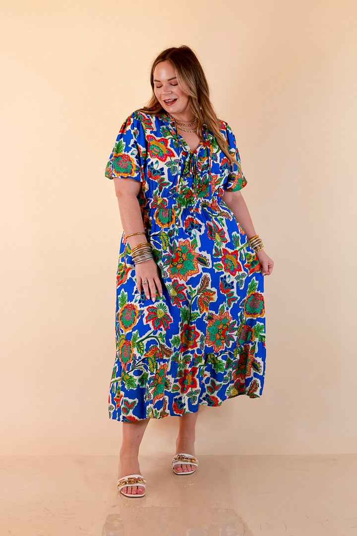 Color Me Happy Floral Print Midi Dress with Tie Neckline and Puff Sleeves in Royal Blue